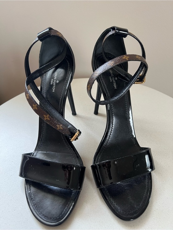 Louis Vuitton Shoes - Louis Vuitton Black Patent Leather Monogram Ankle-Strap Heels